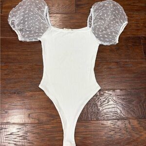 Elegant White womens One Piece with Puff Sleeves